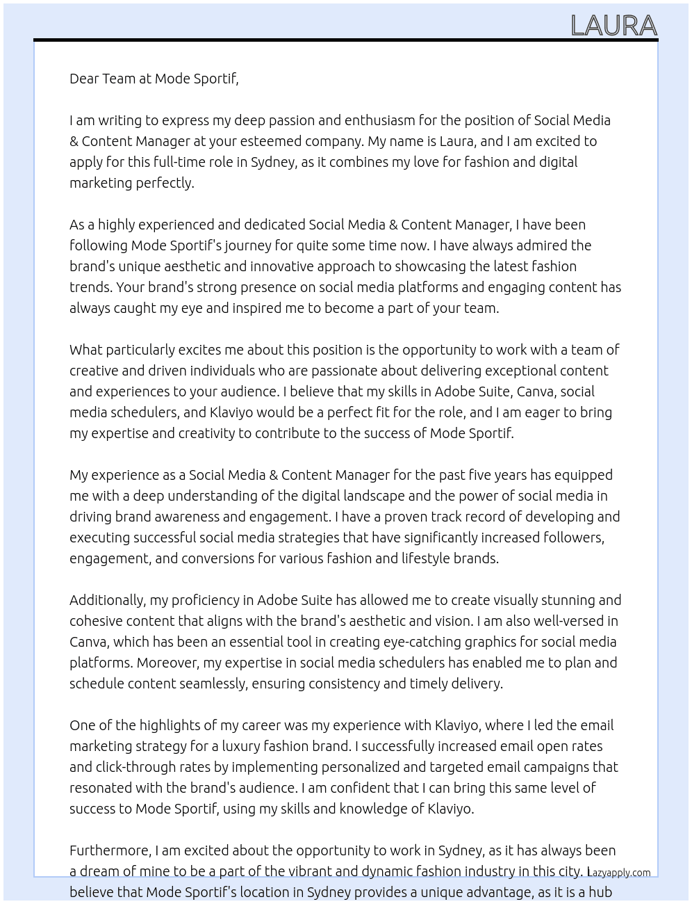 Social Media & Content Manager At Mode Sportif Cover Letter