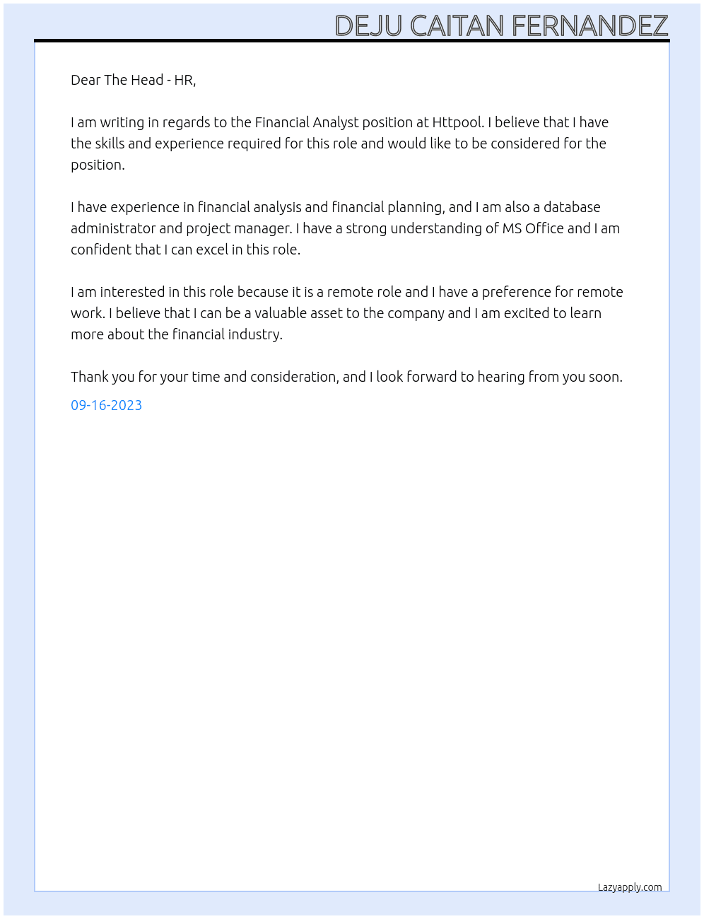 Financial Analyst At Httpool Cover Letter