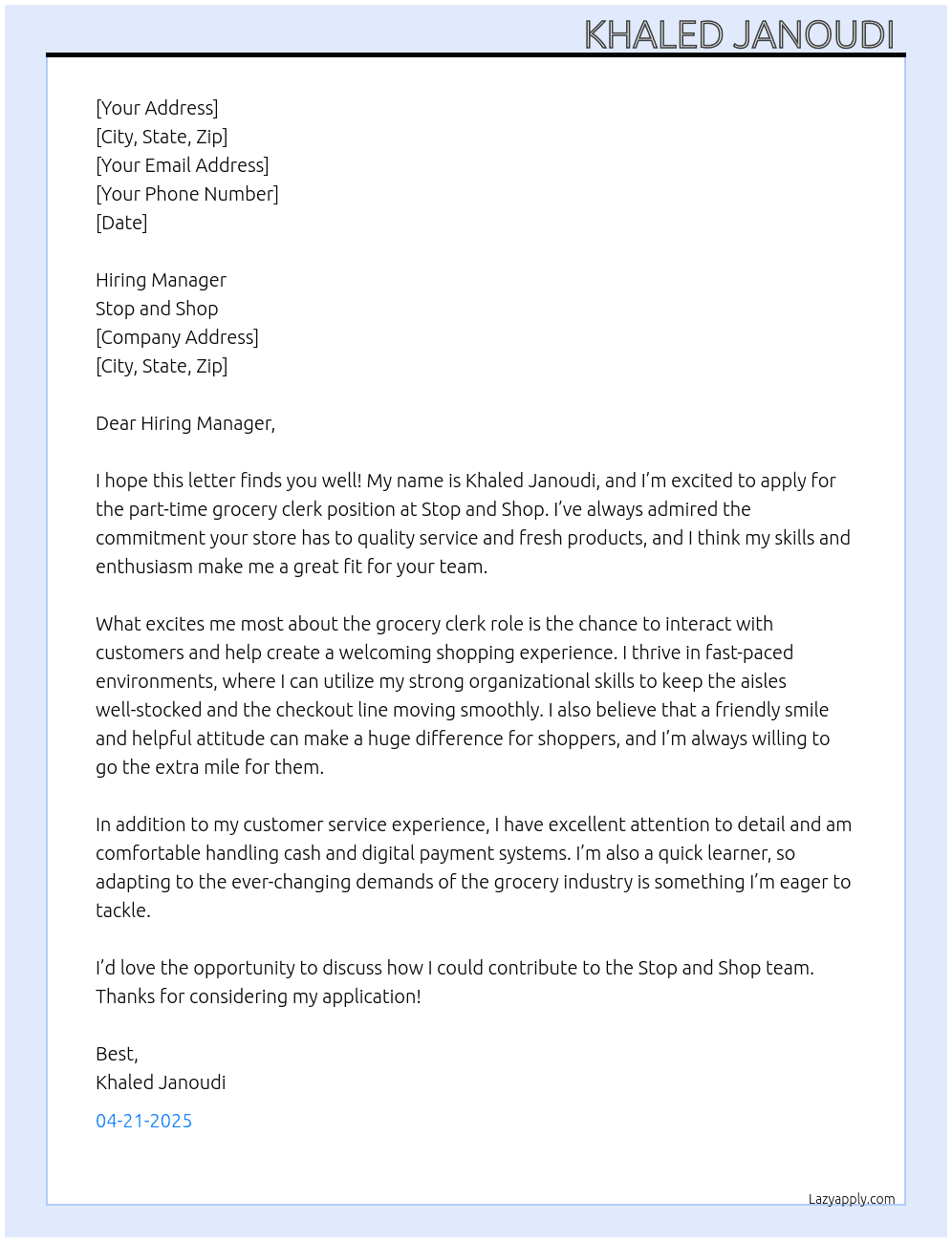 grocery clerk At Stop and shop Cover Letter