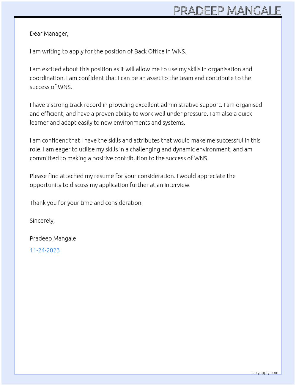 Back office  At WNS Cover Letter