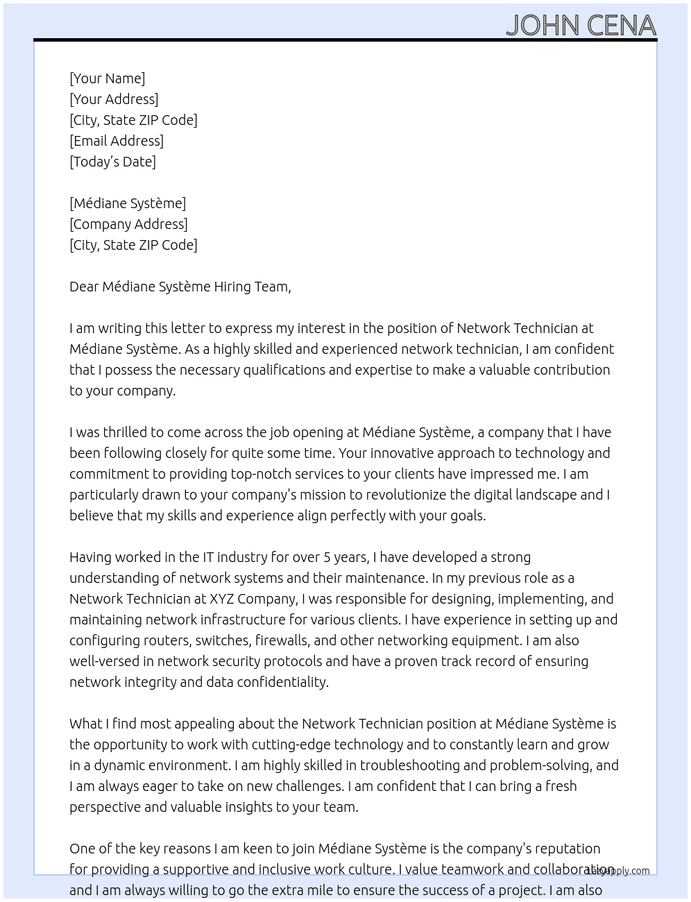 Network technician At Mediane S Cover Letter