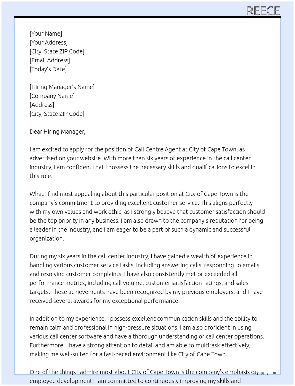 Call Centre Agent At City of Cape Town Cover Letter