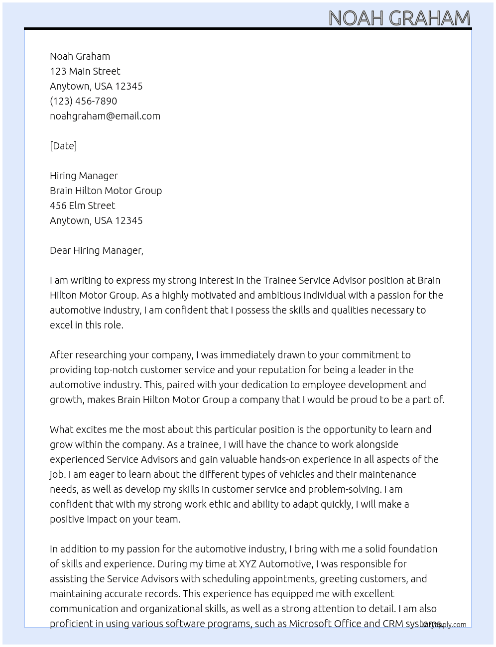 Trainee service advisor At Brain Hilton Motor Group Cover Letter
