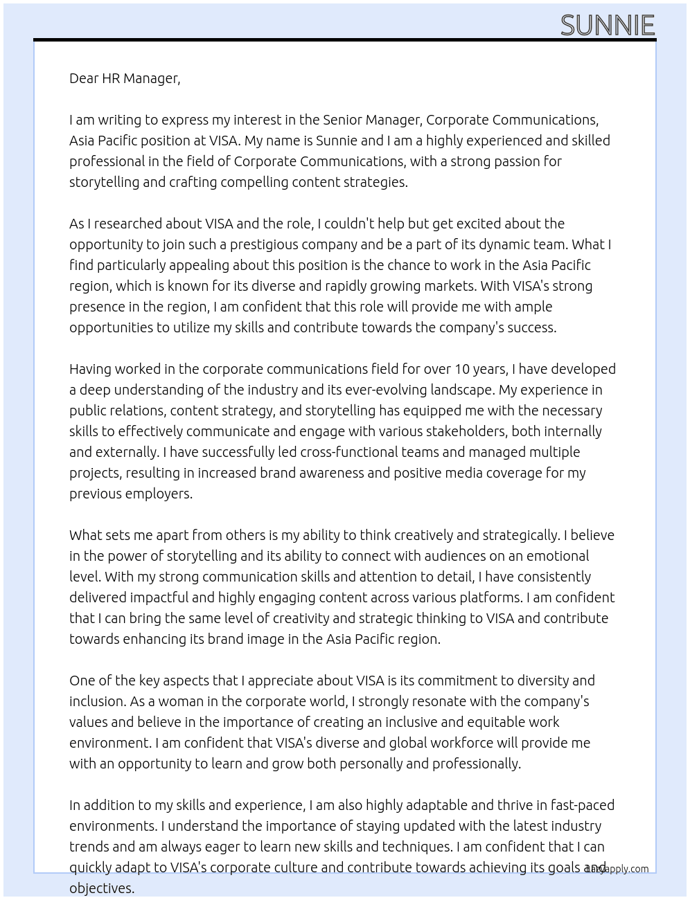 Senior Manager, Corporate Communications, Asia Pacific At VISA Cover Letter