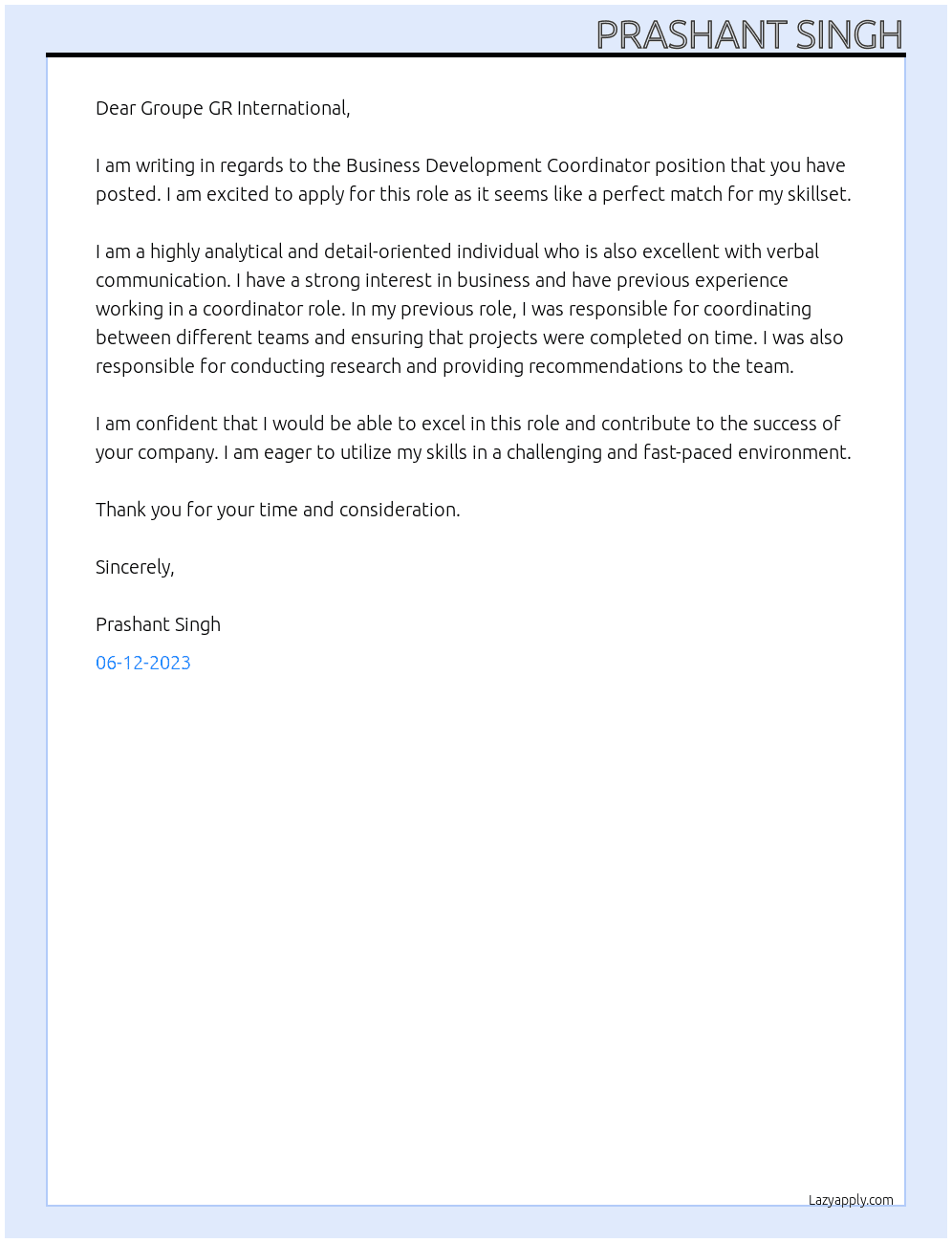 Business Development Coordinator At Groupe GR International  Cover Letter