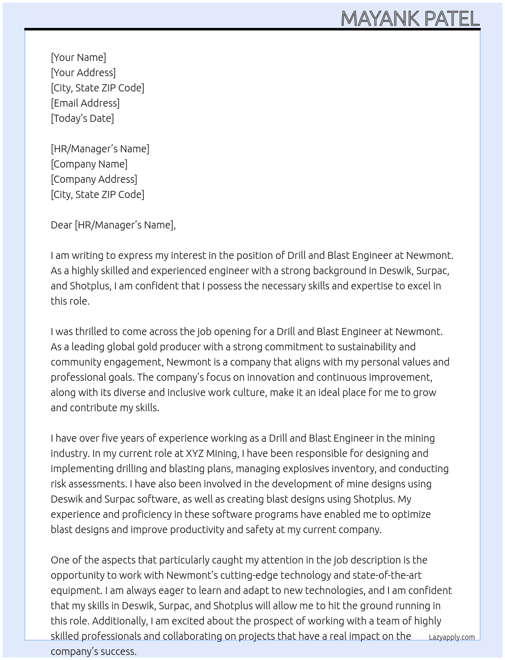 Drill and Blast Engineer At Newmont Cover Letter