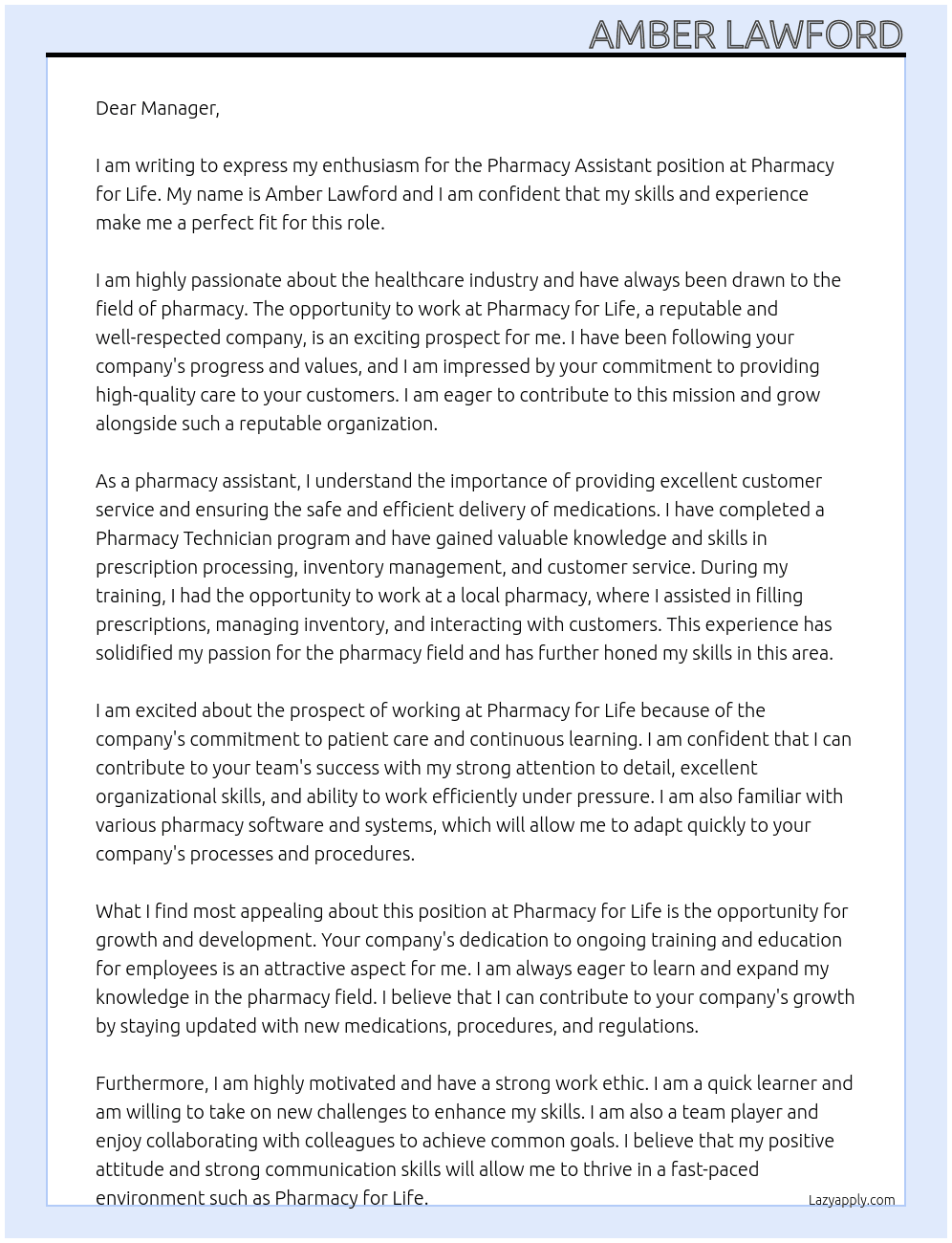Pharmacy assistant At Pharmacy for life Cover Letter