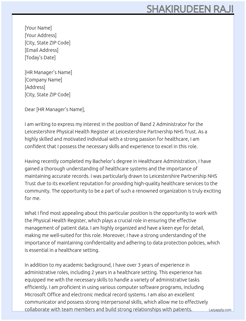 Band 2 Administrator - Leicestershire Physical Health Register At Leicestershire Partnership NHS Trust Cover Letter
