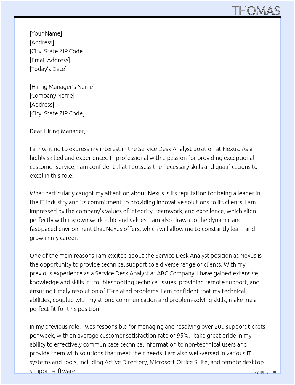 Service Desk Analyst At Nexus Cover Letter