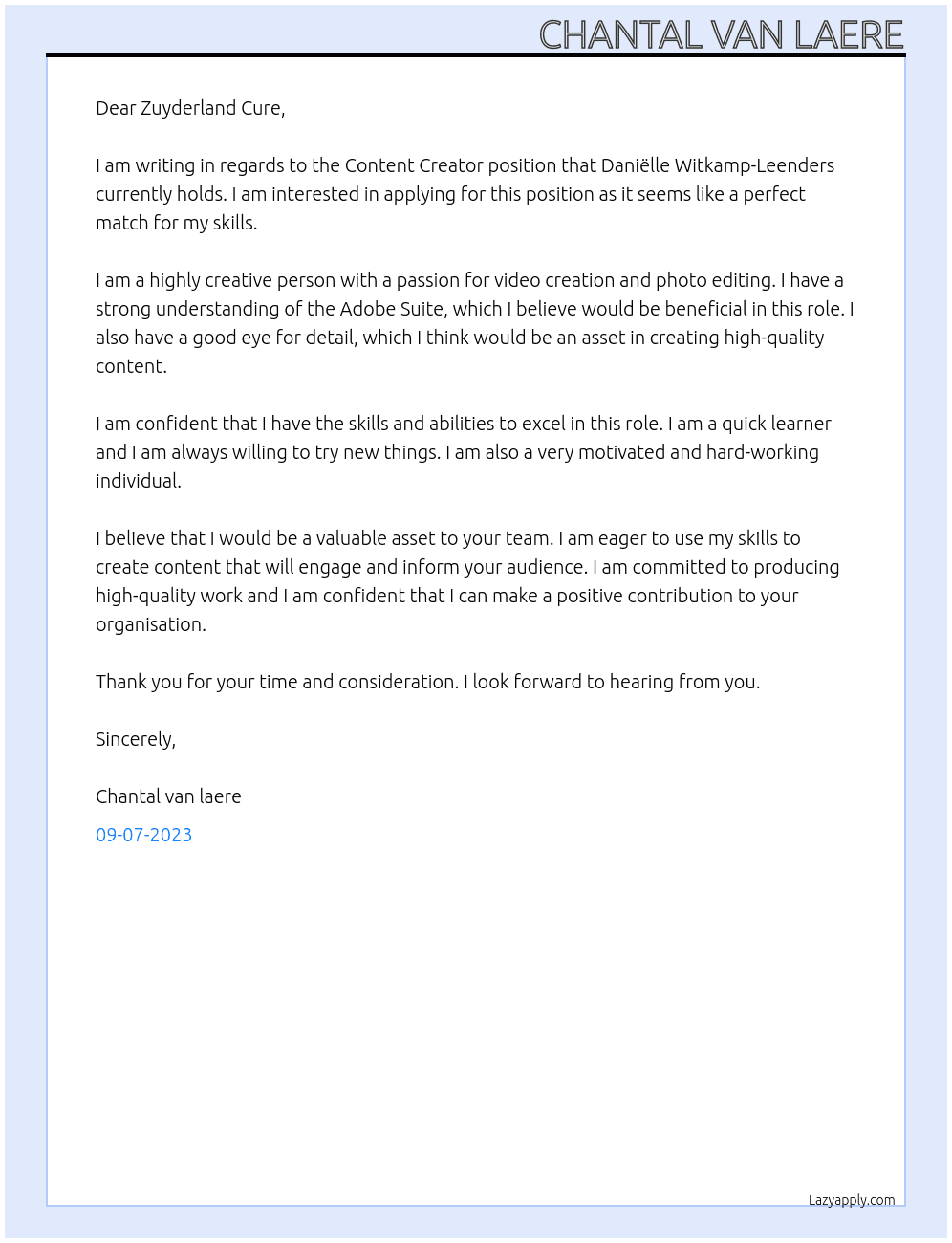 Content Creator At Zuyderland Cure Cover Letter