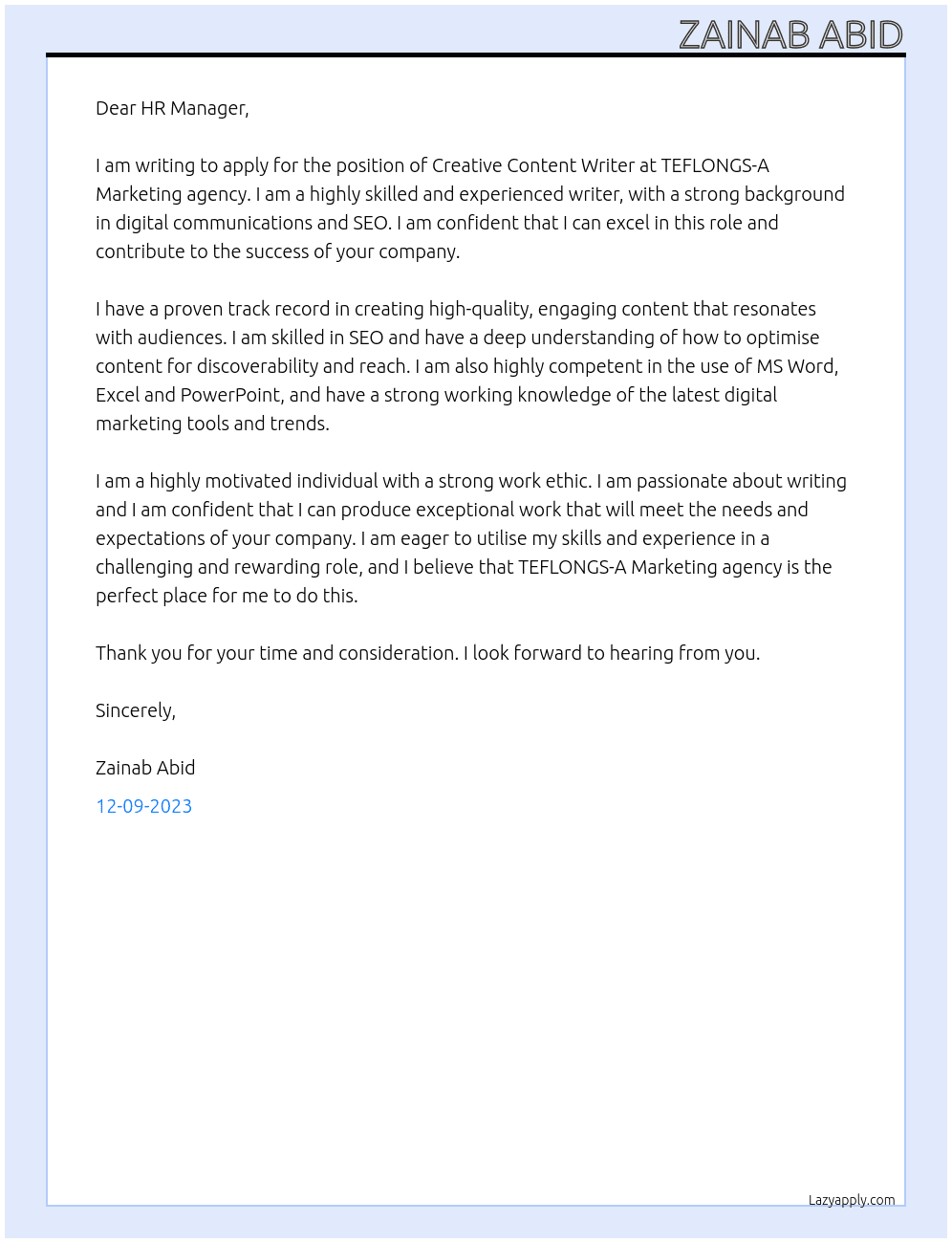 Creative content writer At TEFLONGS-A Marketing agency Cover Letter