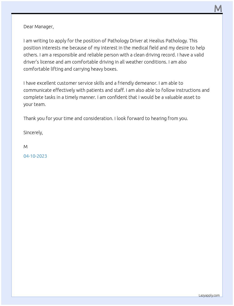  Pathology driver At Healius Pathology Cover Letter