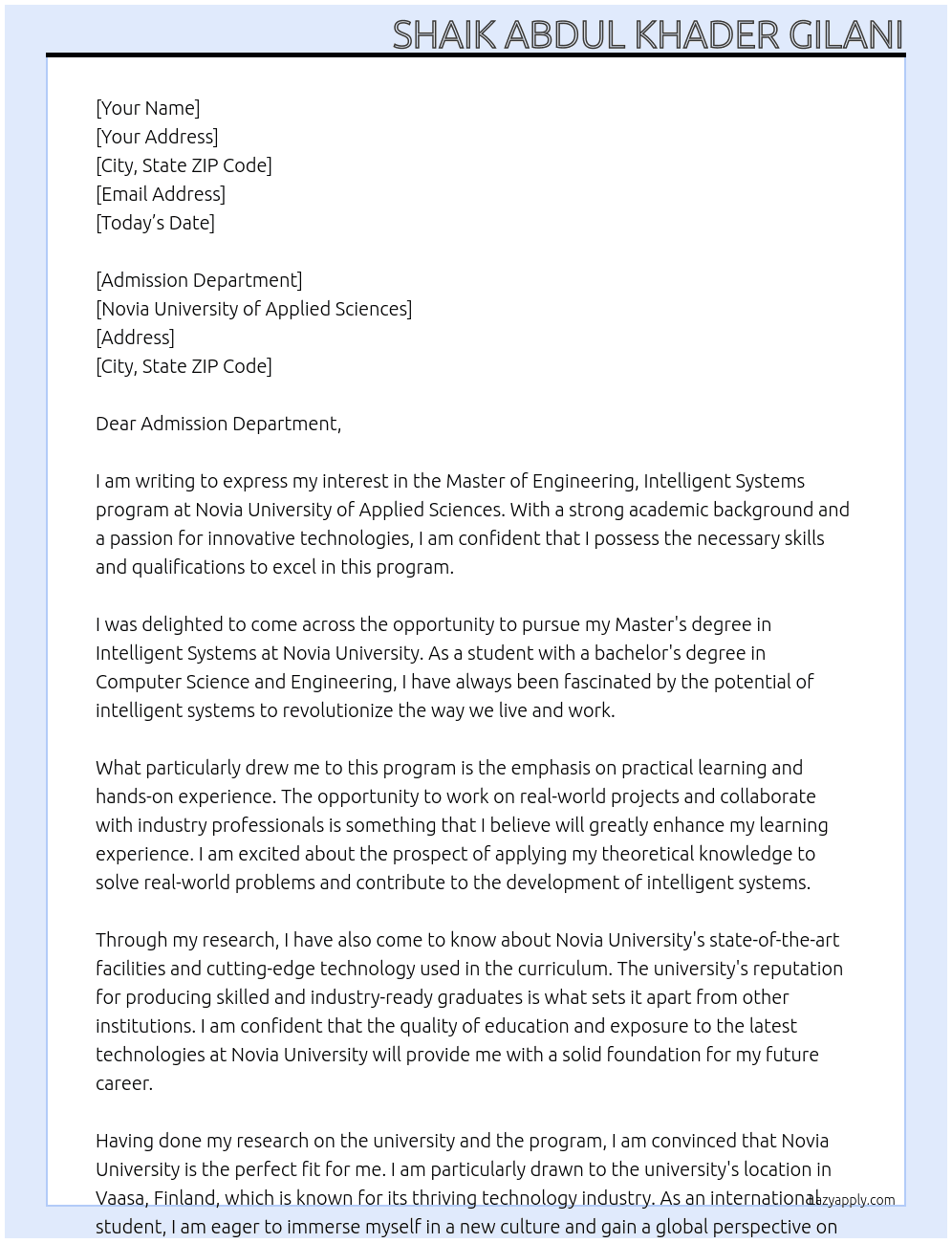 Master of Engineering, Intelligent Systems At Novia University of Applied Sciences Cover Letter