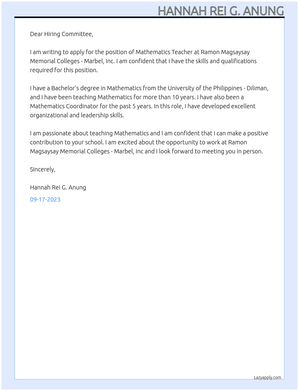 Mathematics Teacher At Ramon Magsaysay Memorial Colleges - Marbel, Inc Cover Letter