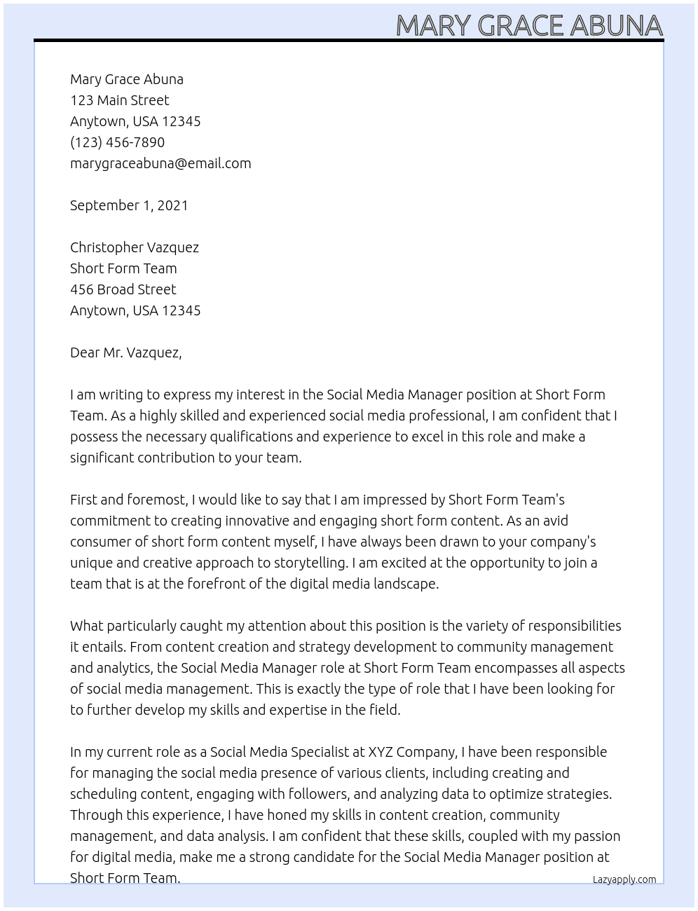 social media manager At Short Form Team Cover Letter