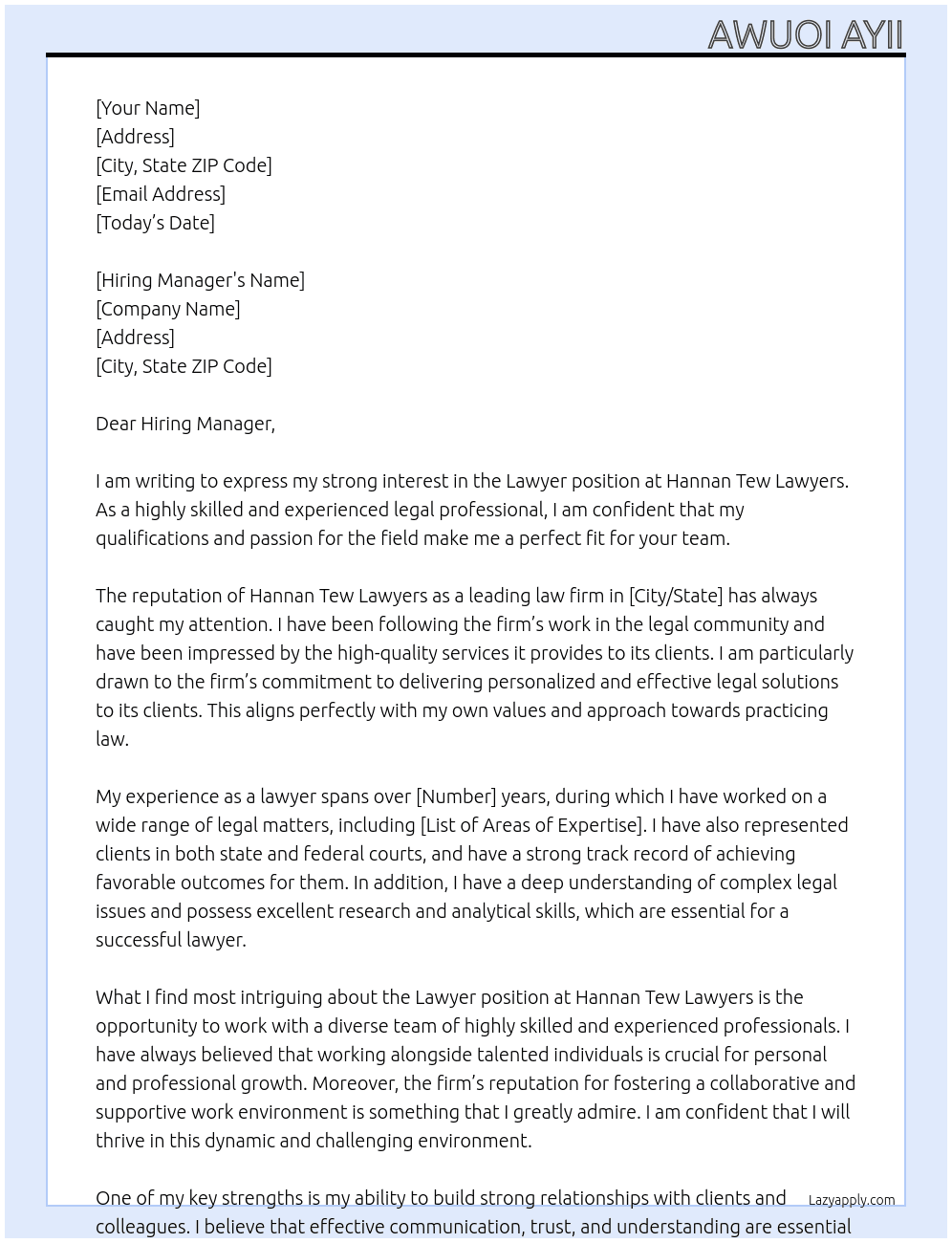 Lawyer At Hannan Tew Lawyers Cover Letter