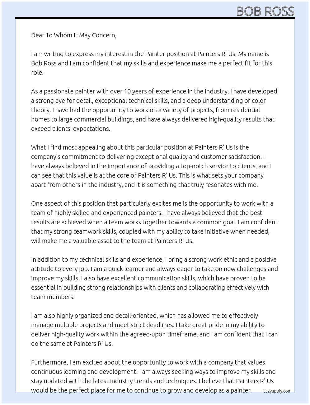 Painter  At Painters R' Us Cover Letter