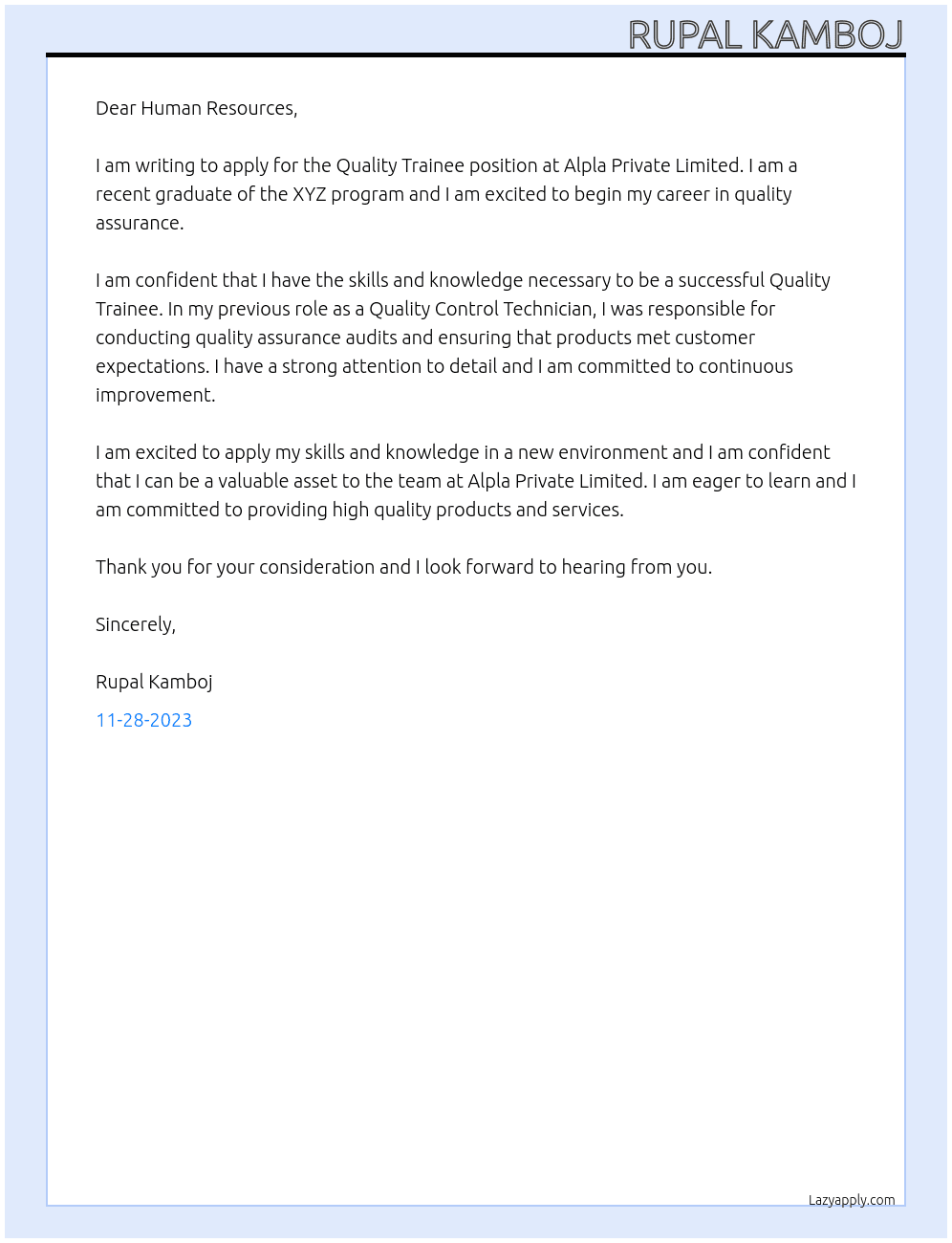 Quality Trainee At Alpla Private Limited Cover Letter