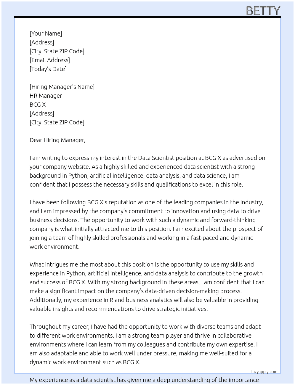 Data Scientist At BCG X Cover Letter