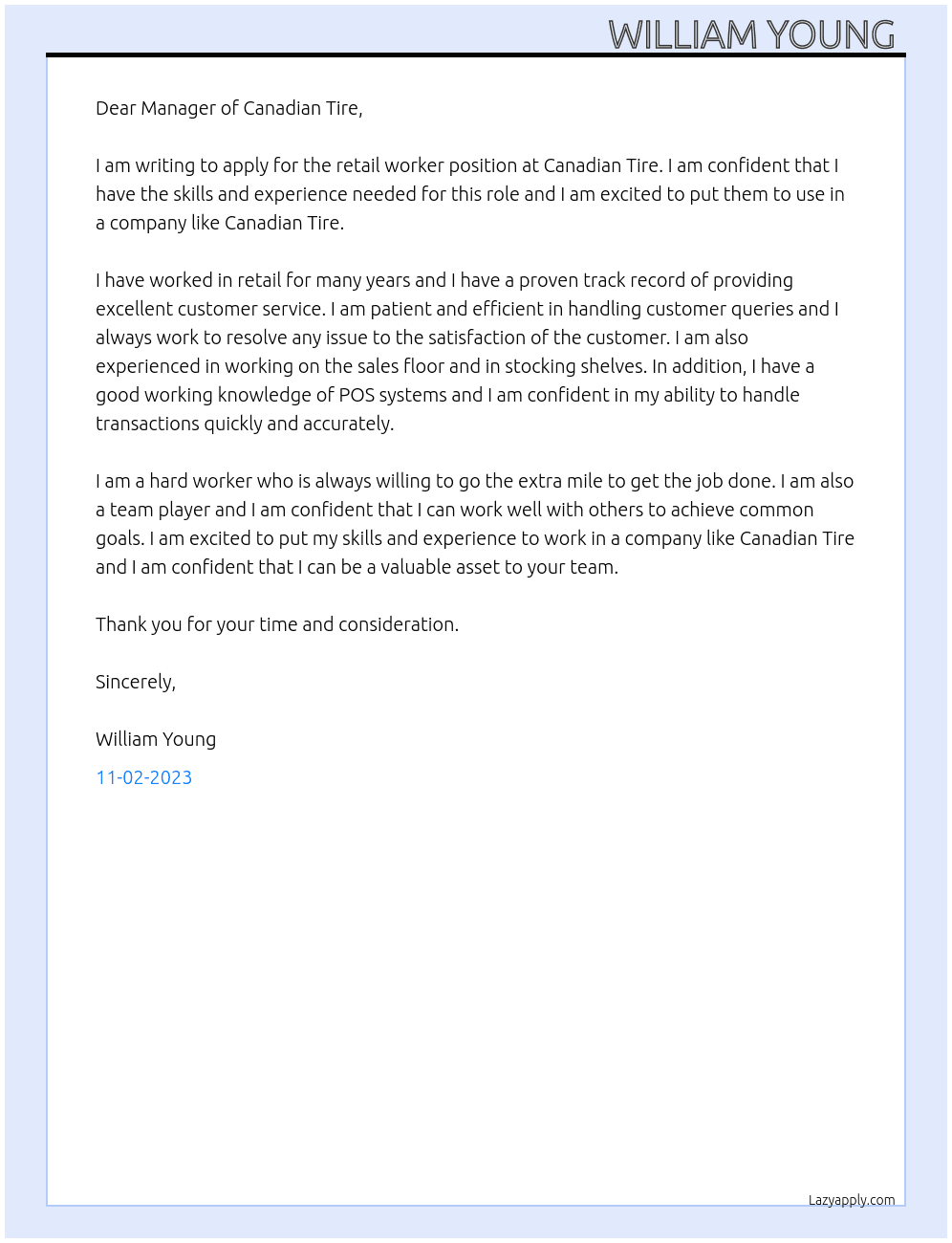 retail worker  At Canadian Tire Cover Letter