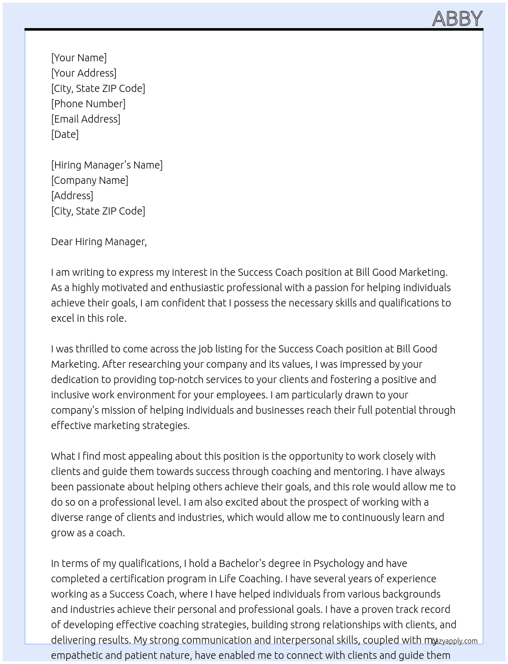 Success Coach At Bill Good Marketing Cover Letter