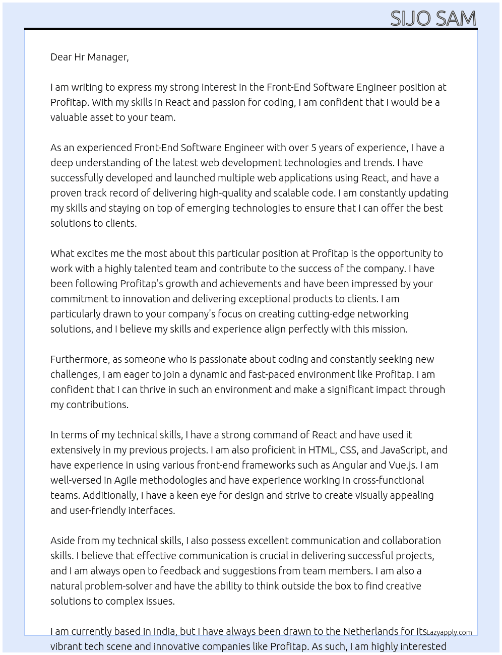 Front-End Software Engineer At Profitap Cover Letter
