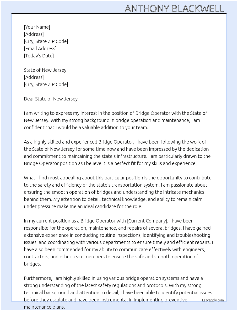 Bridge Operater  At State of New Jersey Cover Letter