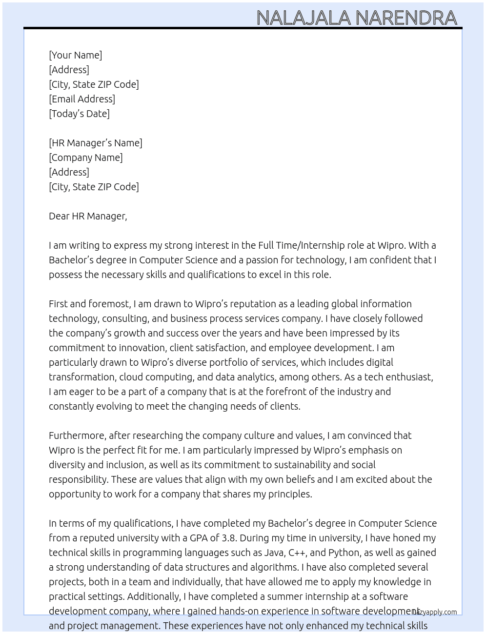 Wipro  At Wipro  Cover Letter
