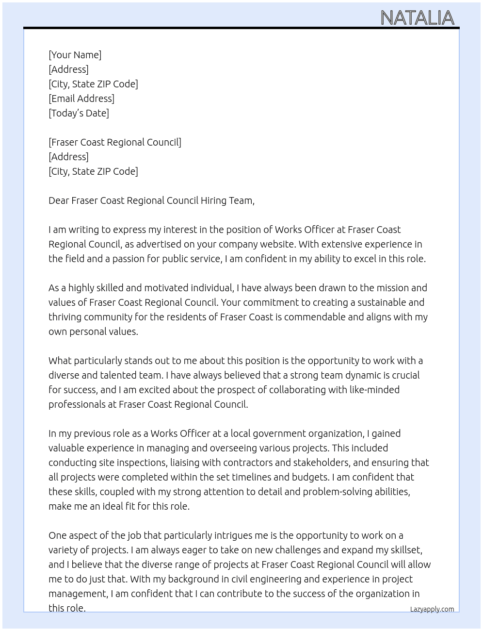 Works officer At Fraser Coast Regional Council Cover Letter