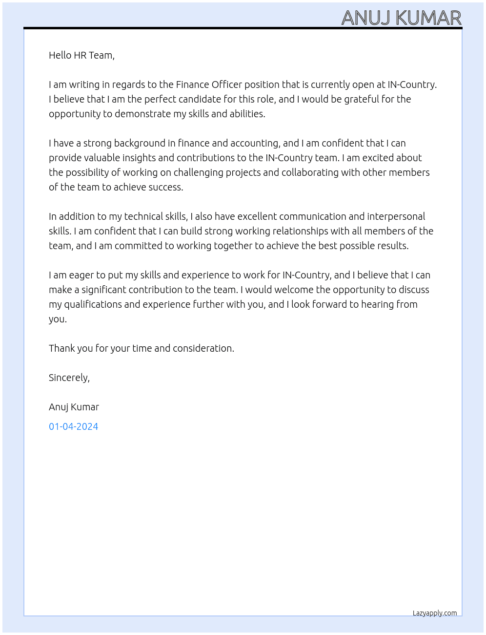 Finance Officer At IN-Country Cover Letter