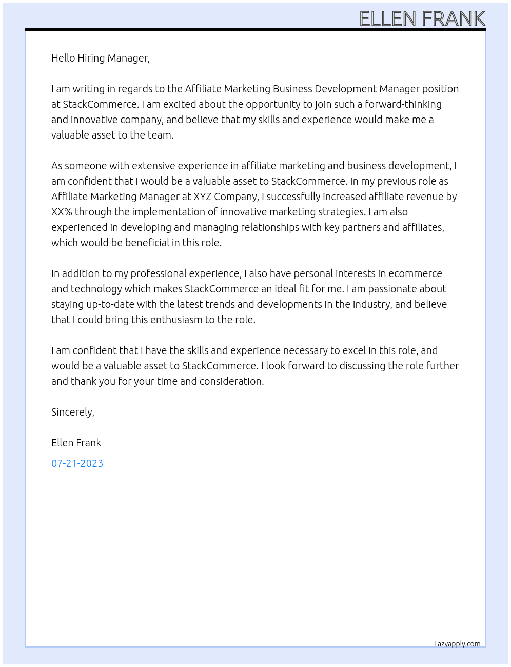 Affiliate Marketing Business Development Manager At StackCommerce Cover Letter