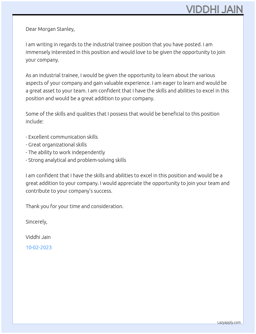 Industrial Trainee At Morgan Stanley Cover Letter