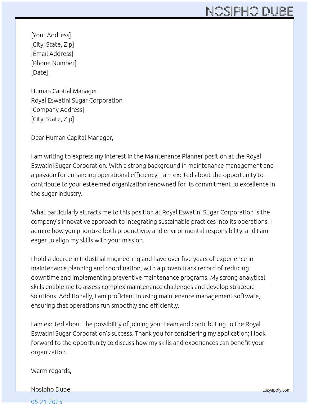 MAINTENANCE PLANNER At Royal Eswatini Sugar Corporation Cover Letter