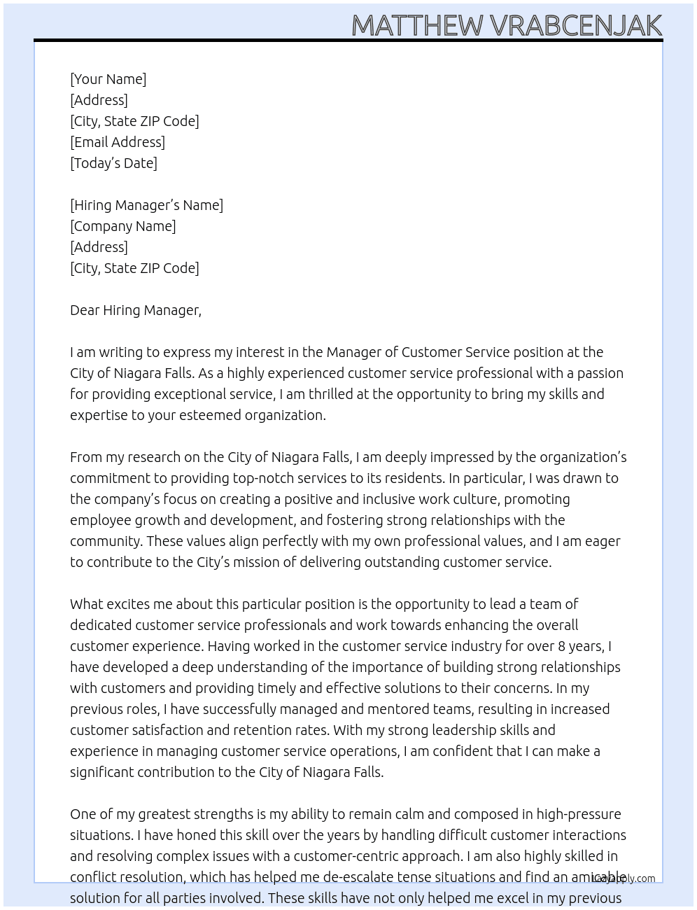 Manager of Customer Service At City of Niagara Falls Cover Letter
