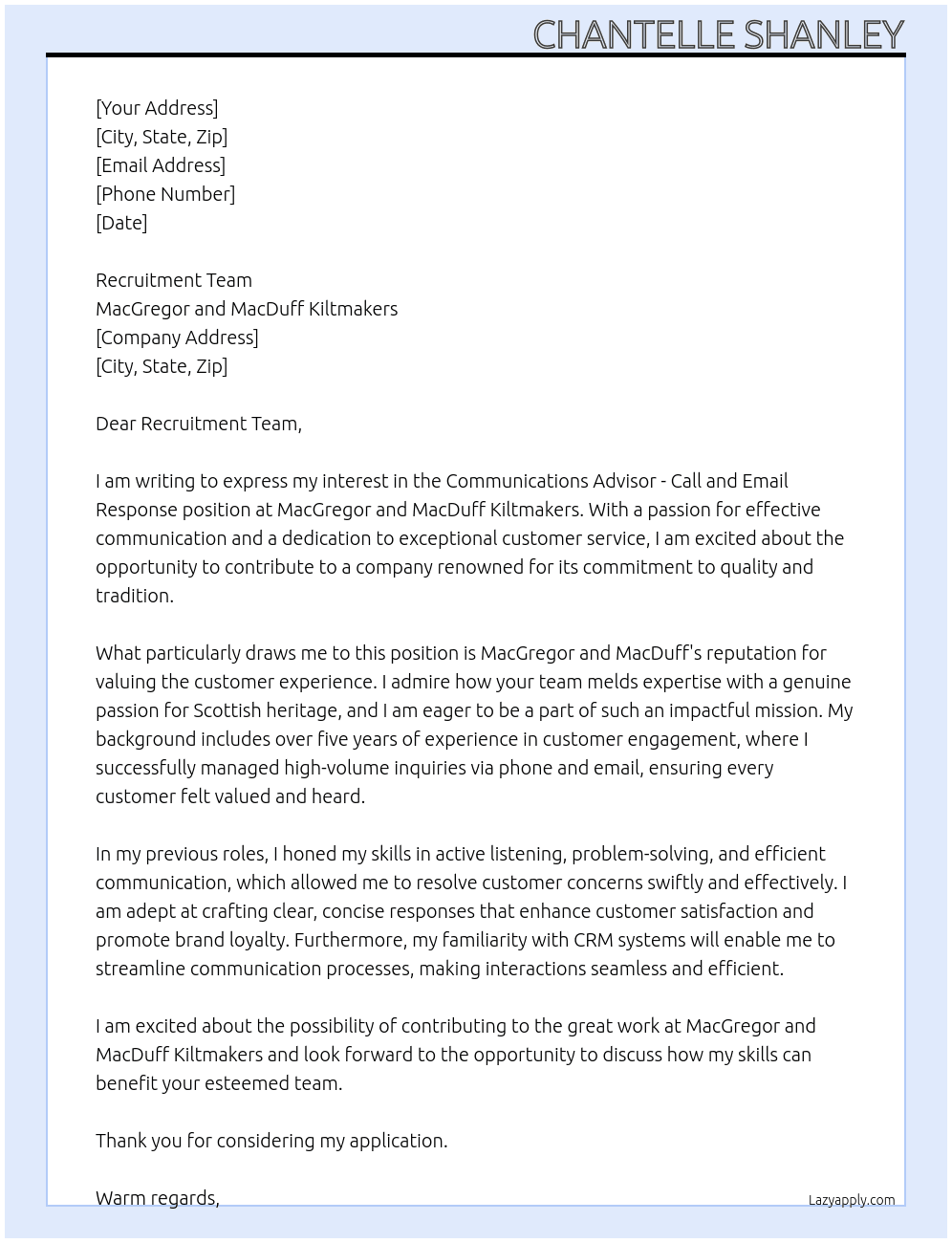 Communications Advisor - Call and Email Response At MacGregor and MacDuff Kiltmakers Cover Letter