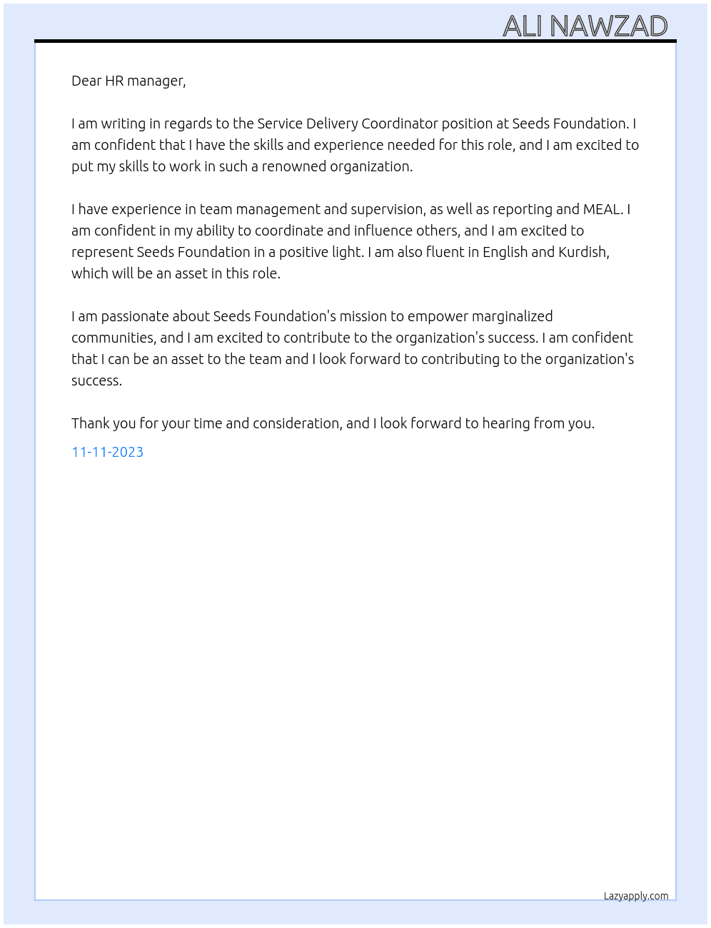Service Delivery Coordinator  At Seeds foundation  Cover Letter