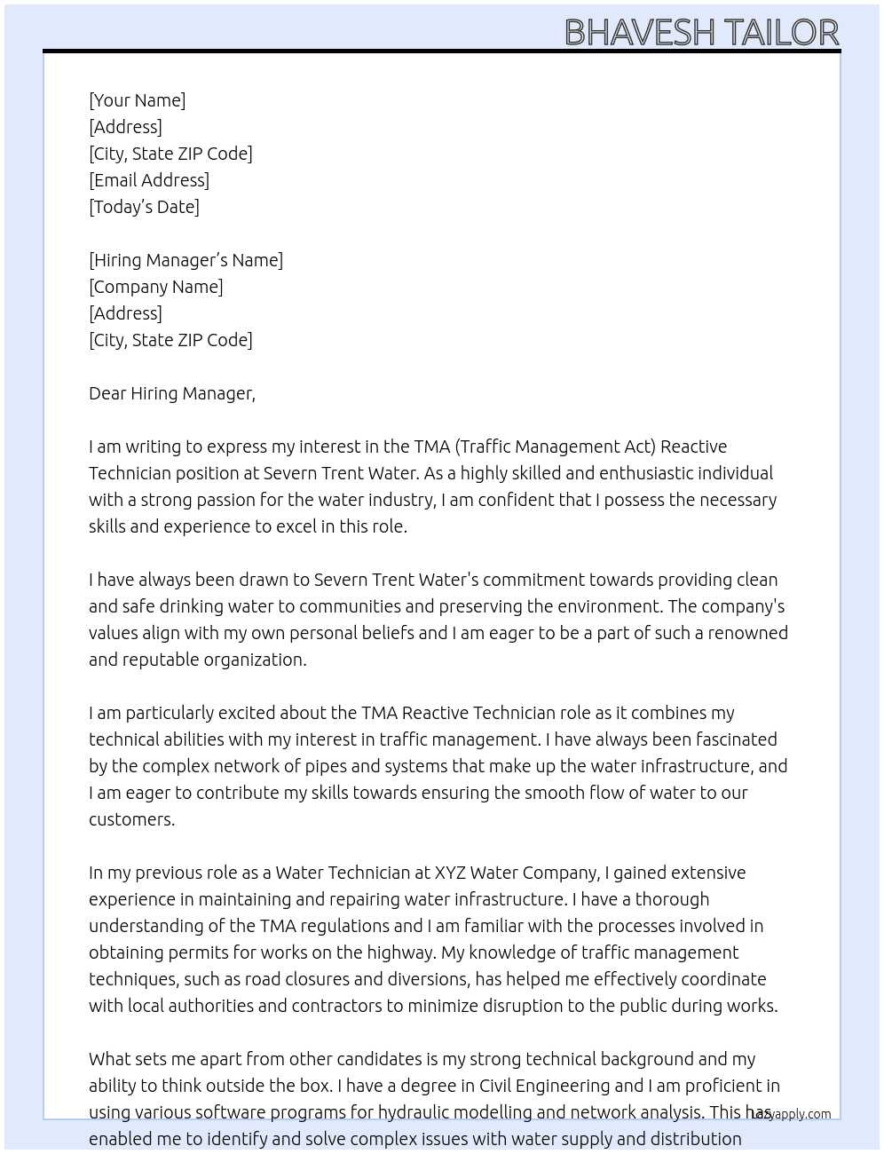 TMA (Traffic Management Act) Reactive Technician At Severn Trent Water Cover Letter