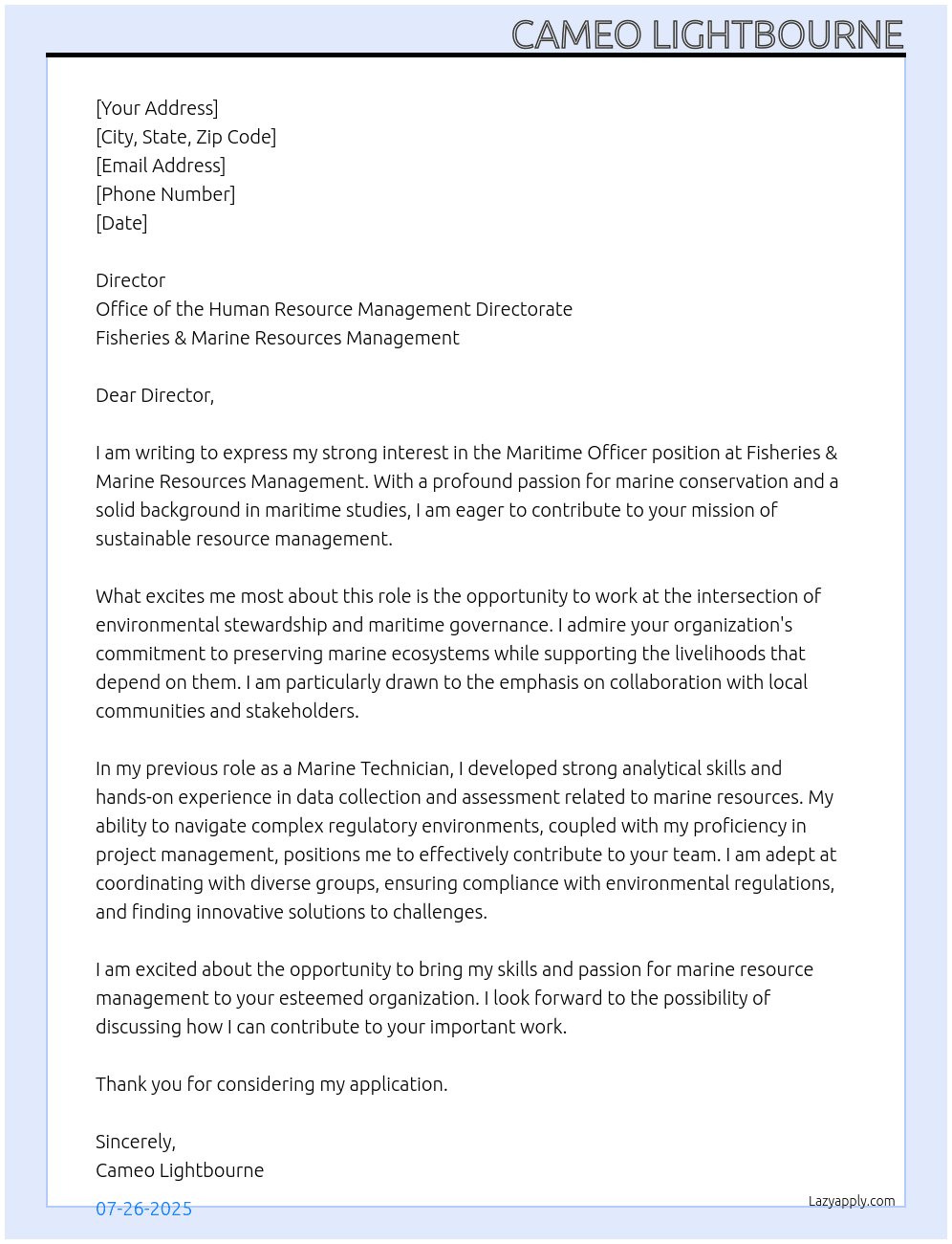 Cover letter for maritime officer - LazyApply