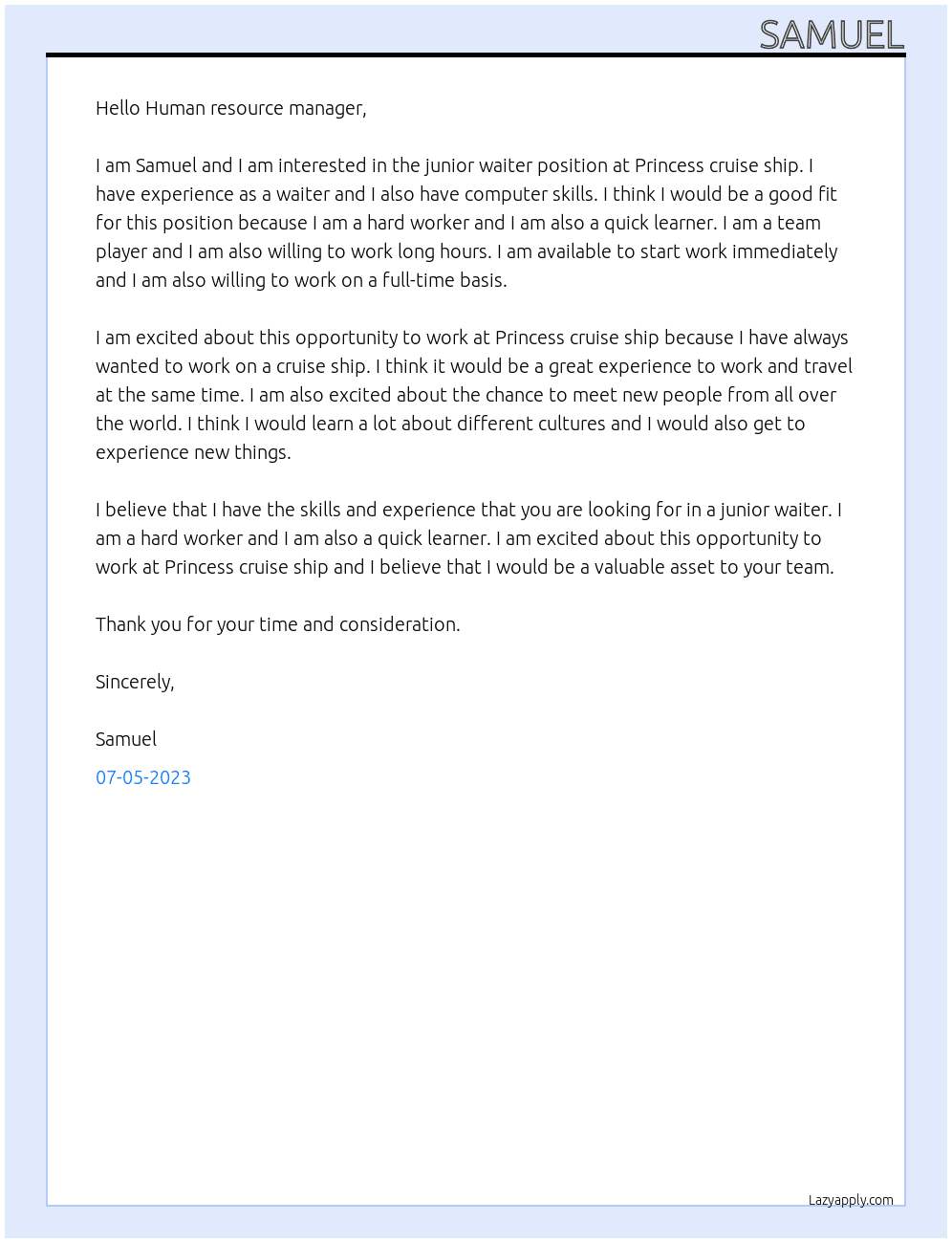 Junior waiter At Princess cruise ship Cover Letter