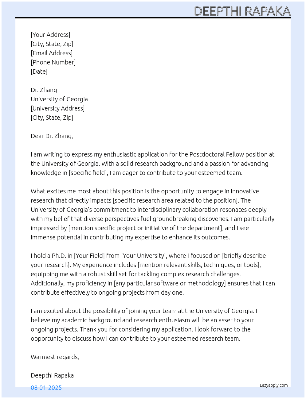 Cover letter for post doctoral fellow - LazyApply
