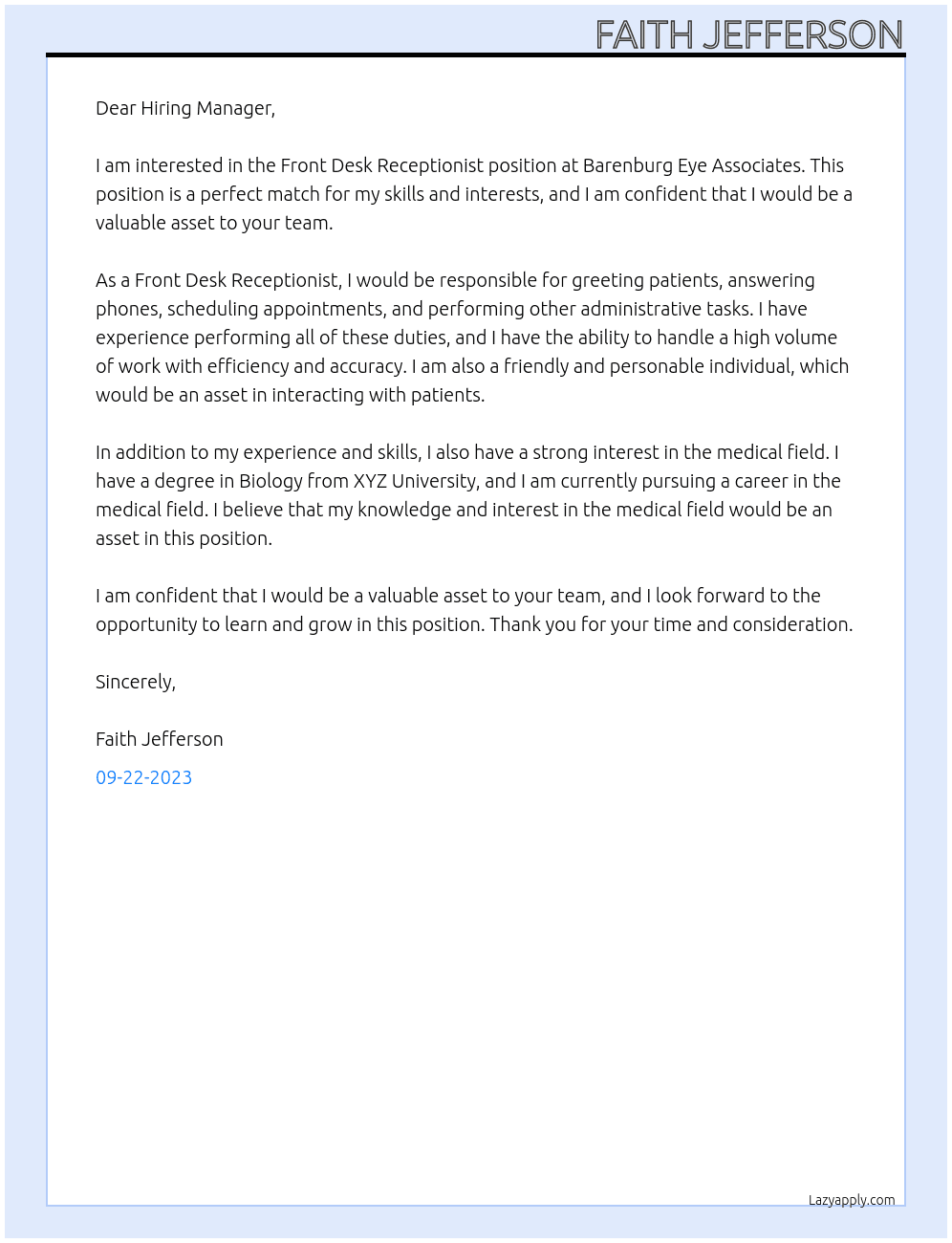 Front Desk Receptionist At Barenburg Eye Associates Cover Letter