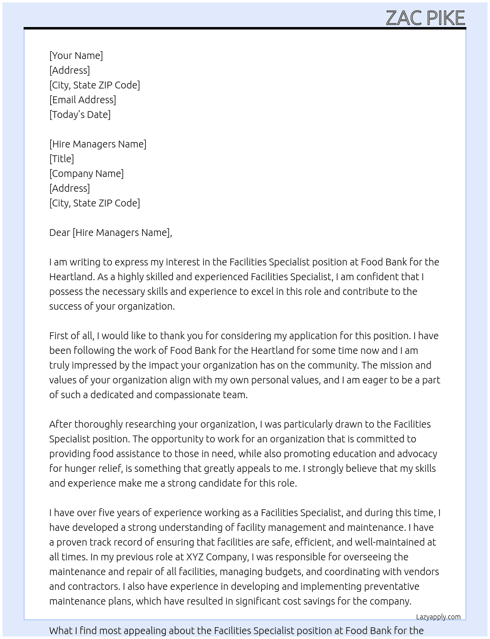 Facilities Specialist At Food Bank for the Heartland Cover Letter