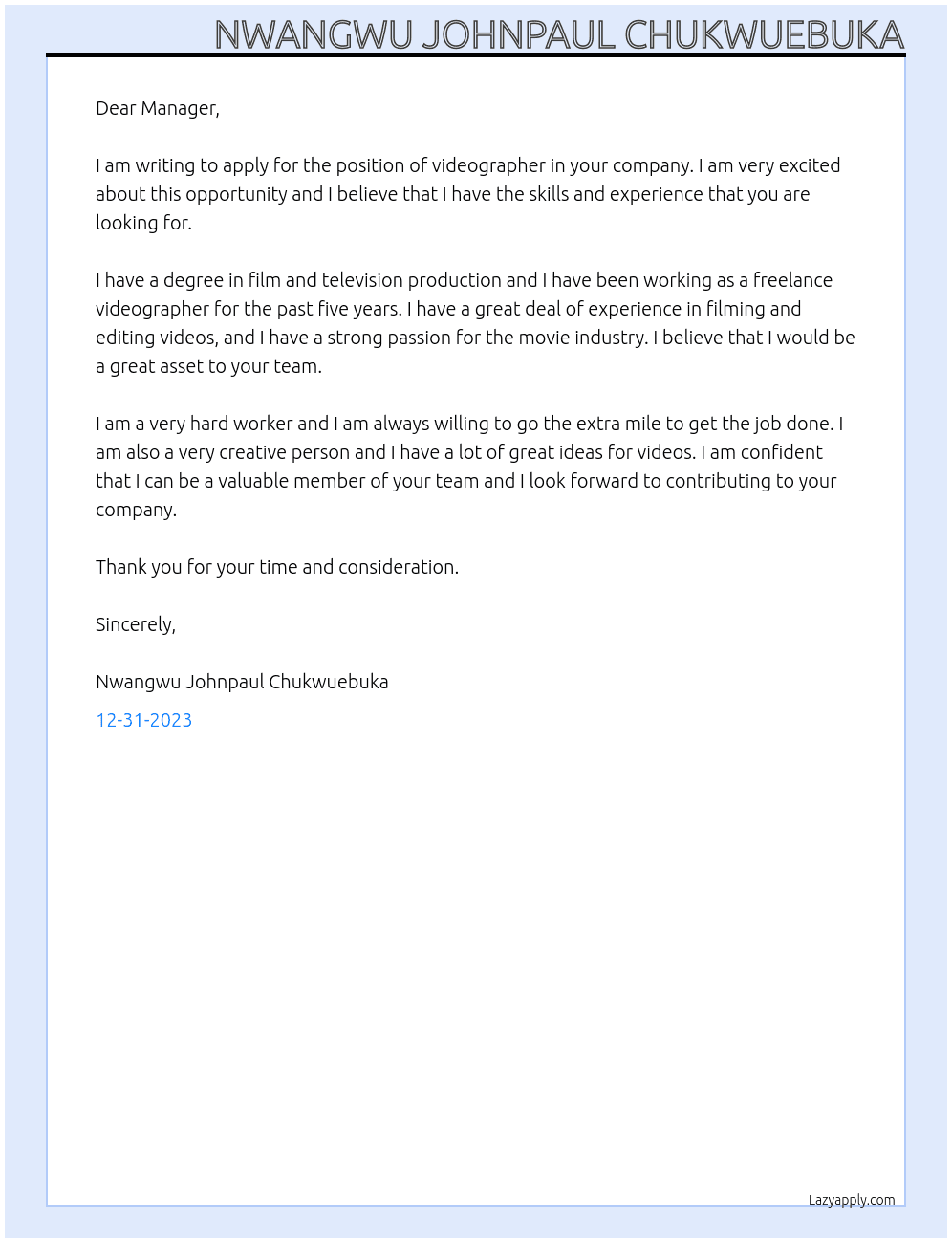 videographer At movie industry Cover Letter