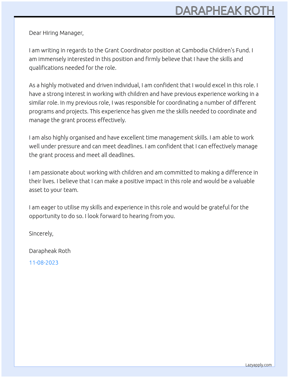 Grant COordinator At Cambodia Children's Fund Cover Letter
