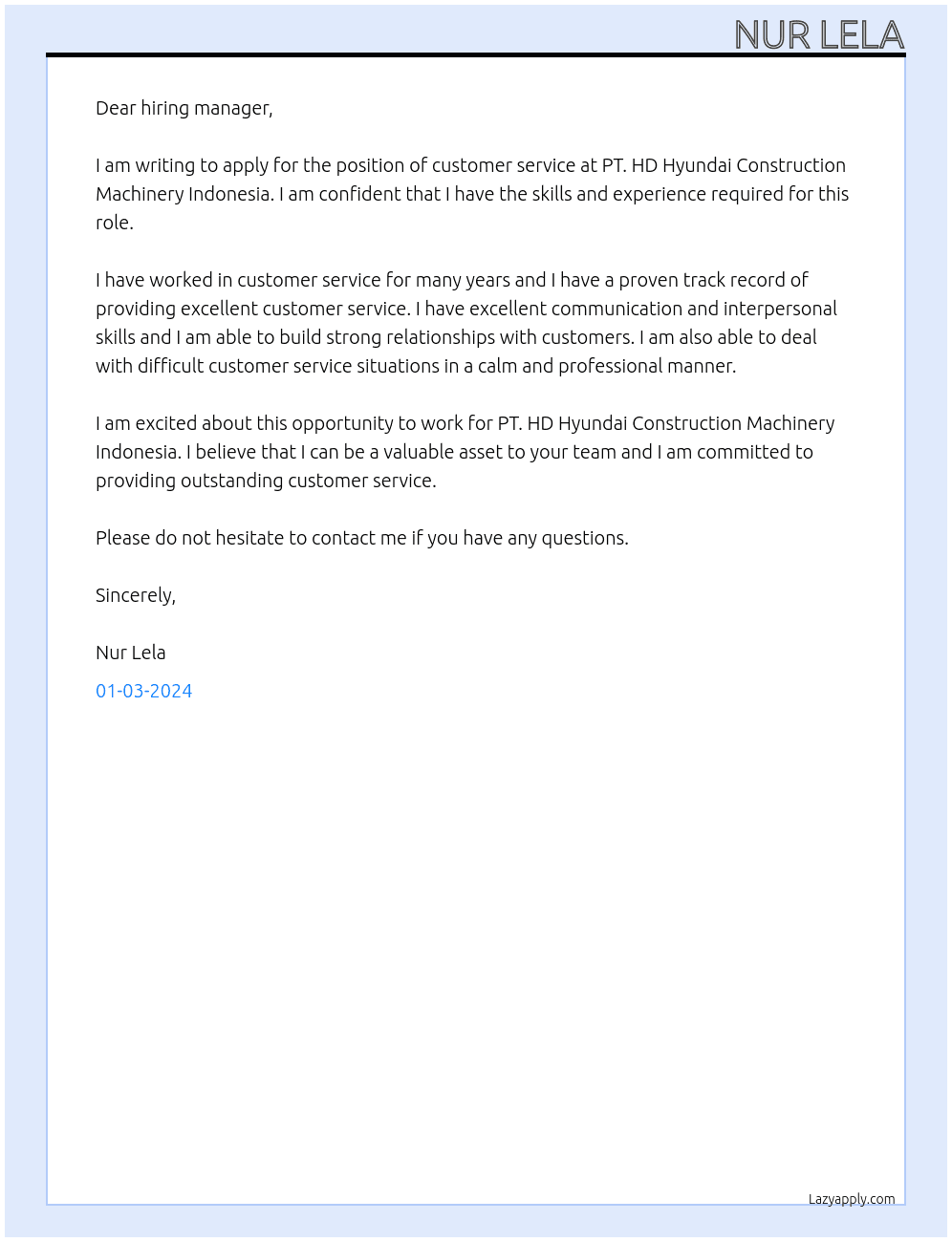 customer service At PT. HD Hyundai Construction Machinery Indonesia Cover Letter