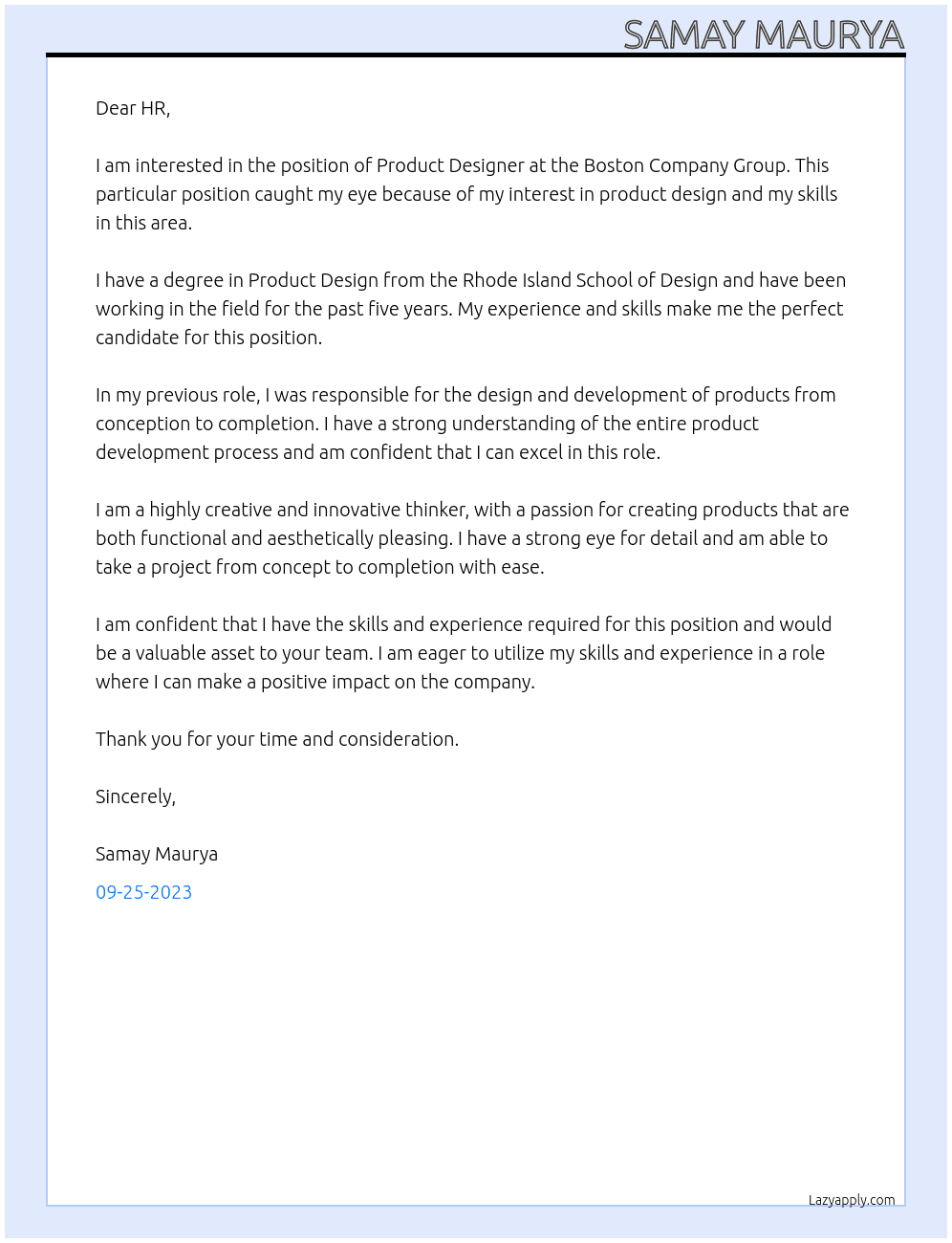 Product Designer  At boston company group   Cover Letter