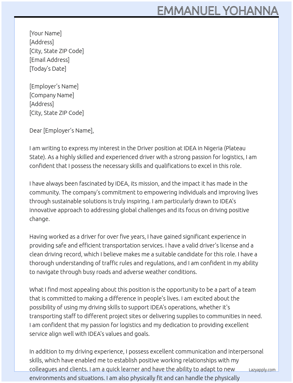 Driver At IDEA Cover Letter