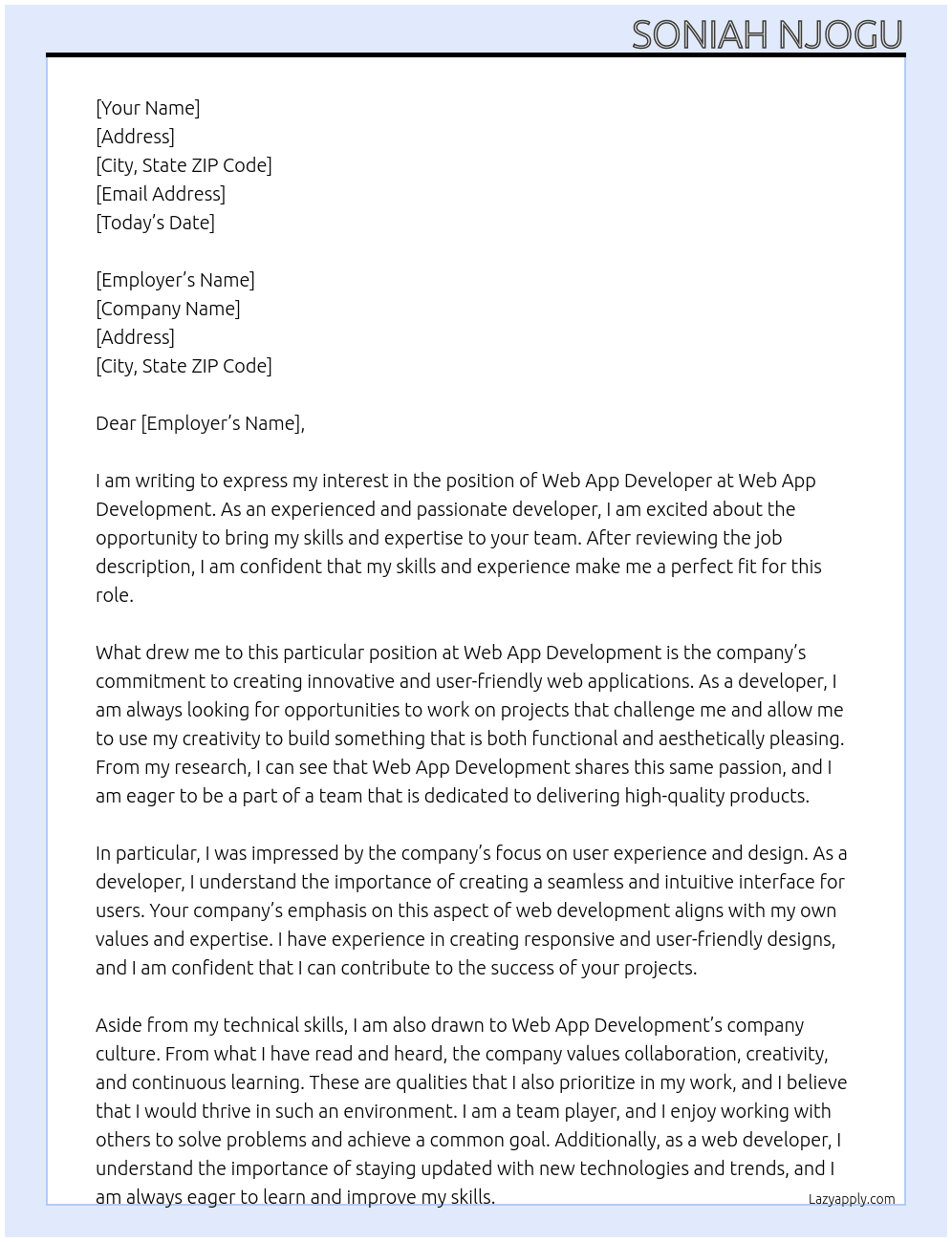 Web app developer At Web app developement Cover Letter