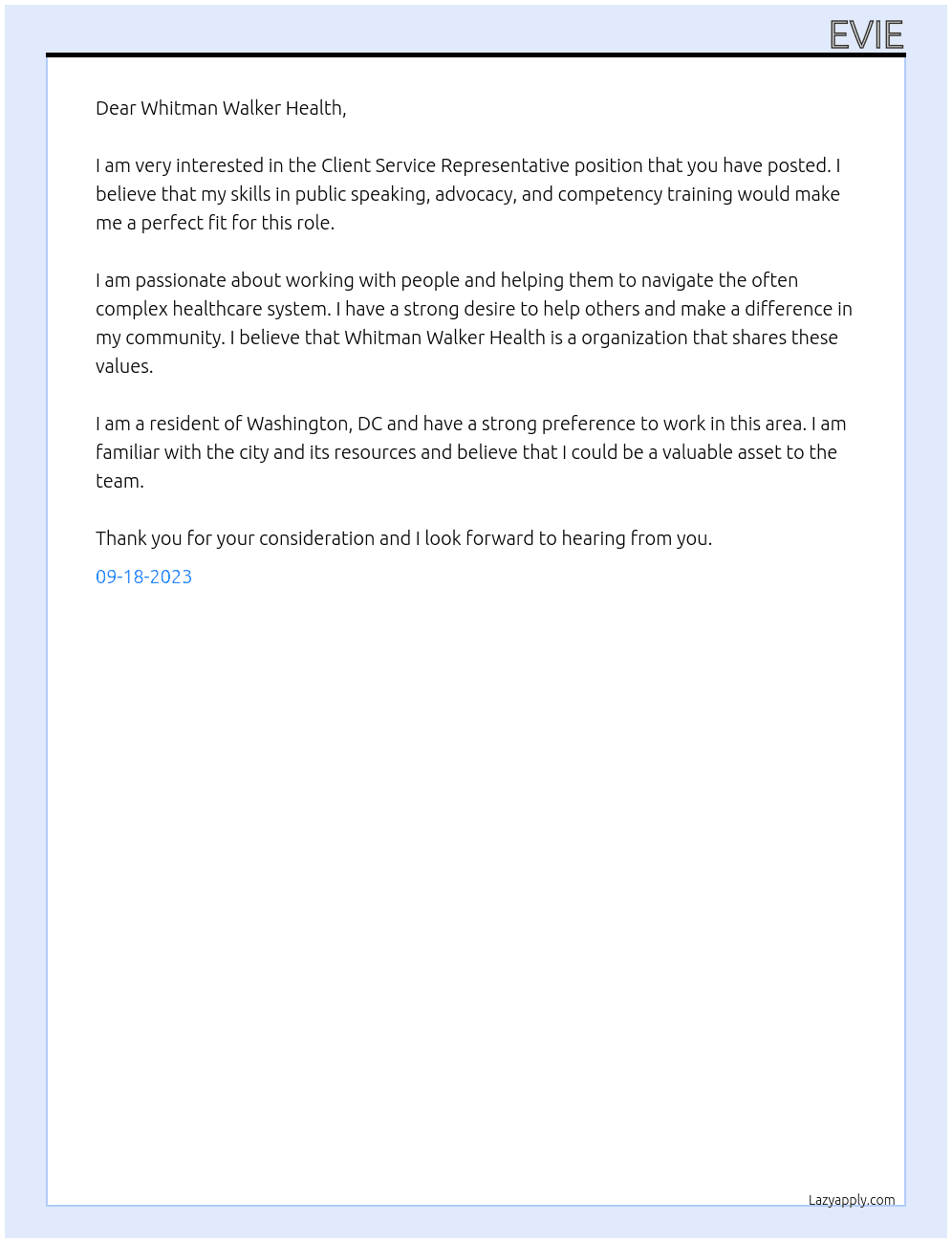 Client Servie Representative At Whitman Walker Health Cover Letter