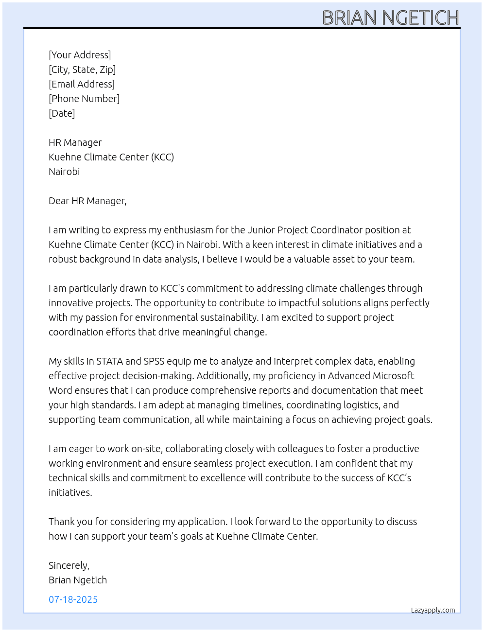 Cover letter for junior project coordinator - LazyApply